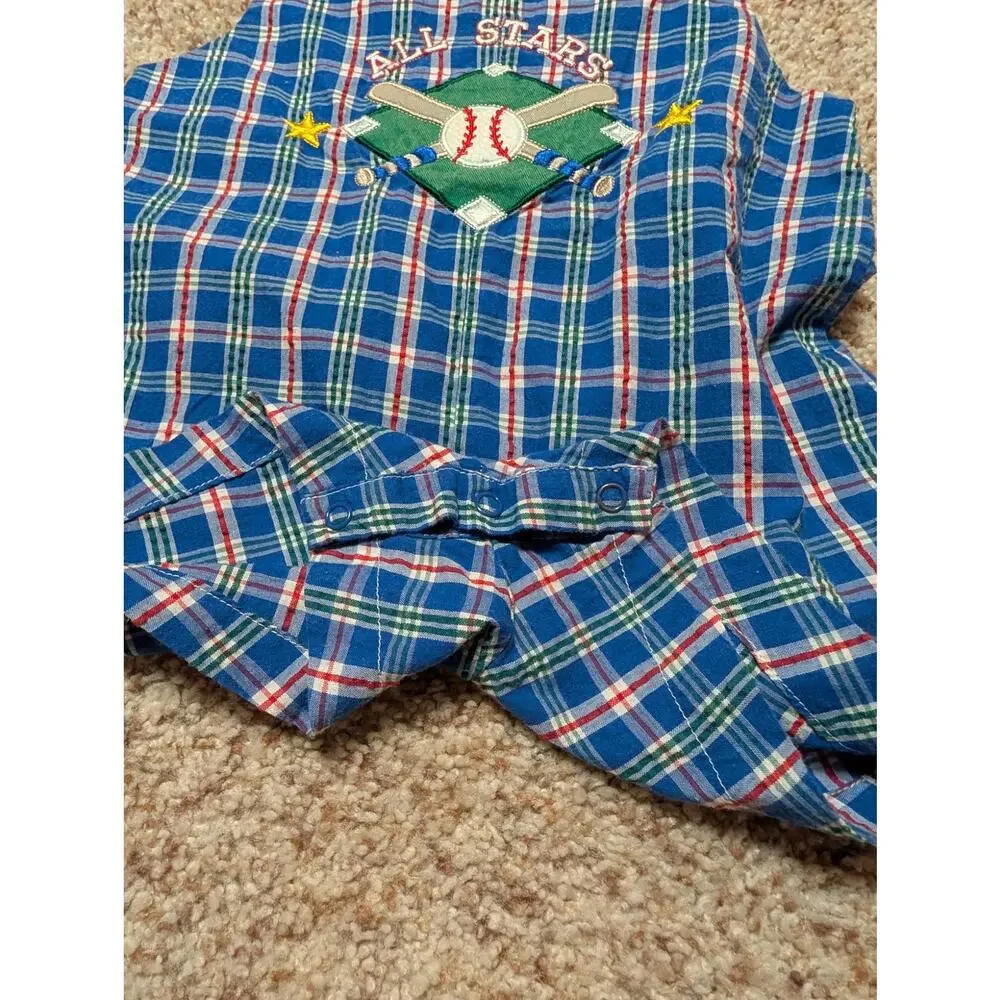 Samara Toddler Romper Overalls Size 2T Blue Plaid Baseball All Stars Shortall